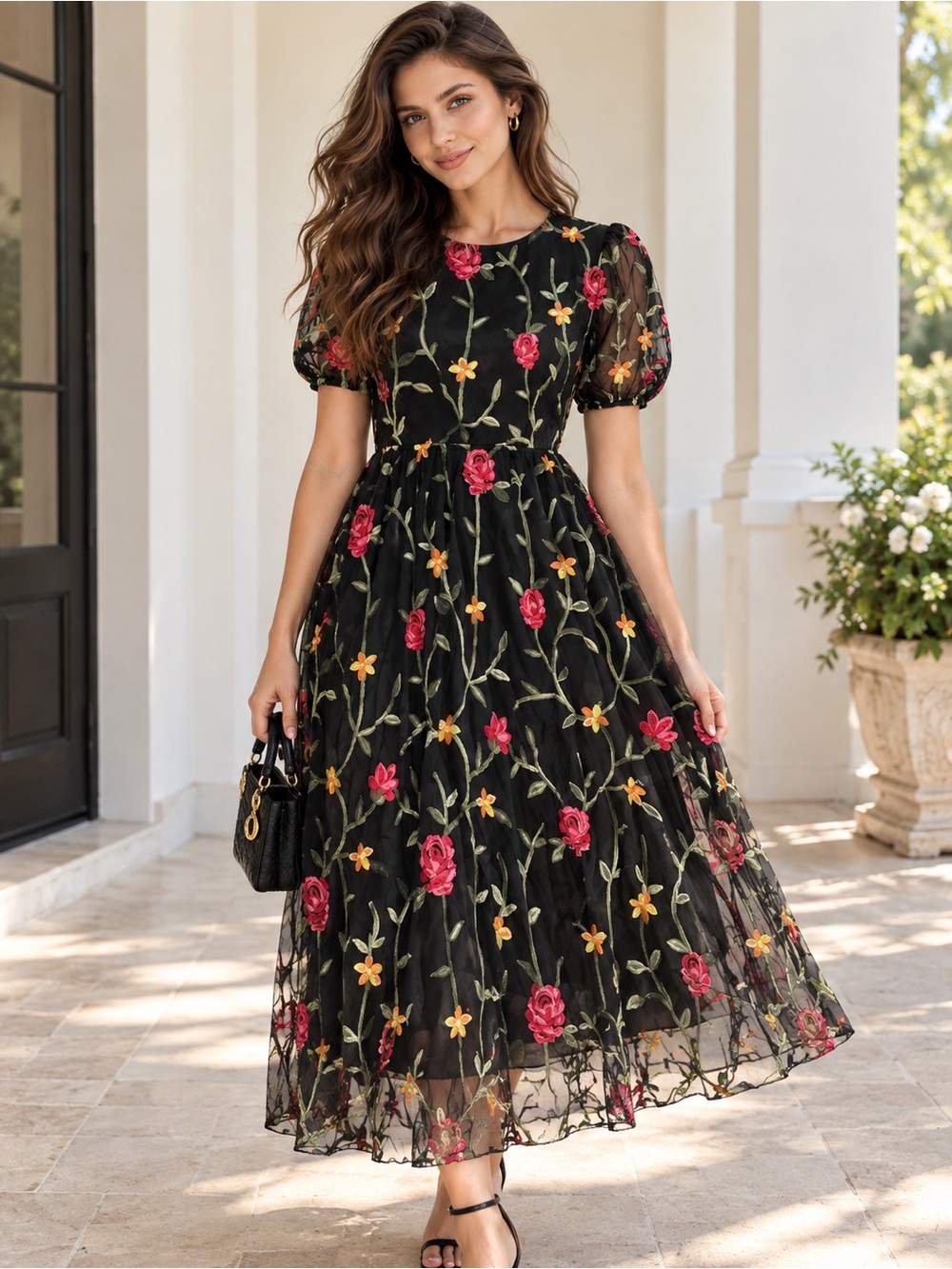 Floral Embroidered Puff-Sleeve Midi Dress - Black with Pink & Yellow Flowers